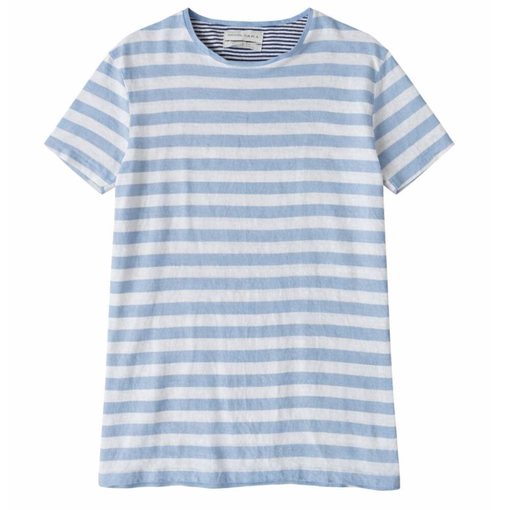 Zara Tshirt 100% Linen Blue White Striped Short Sleeve Top Womens small
